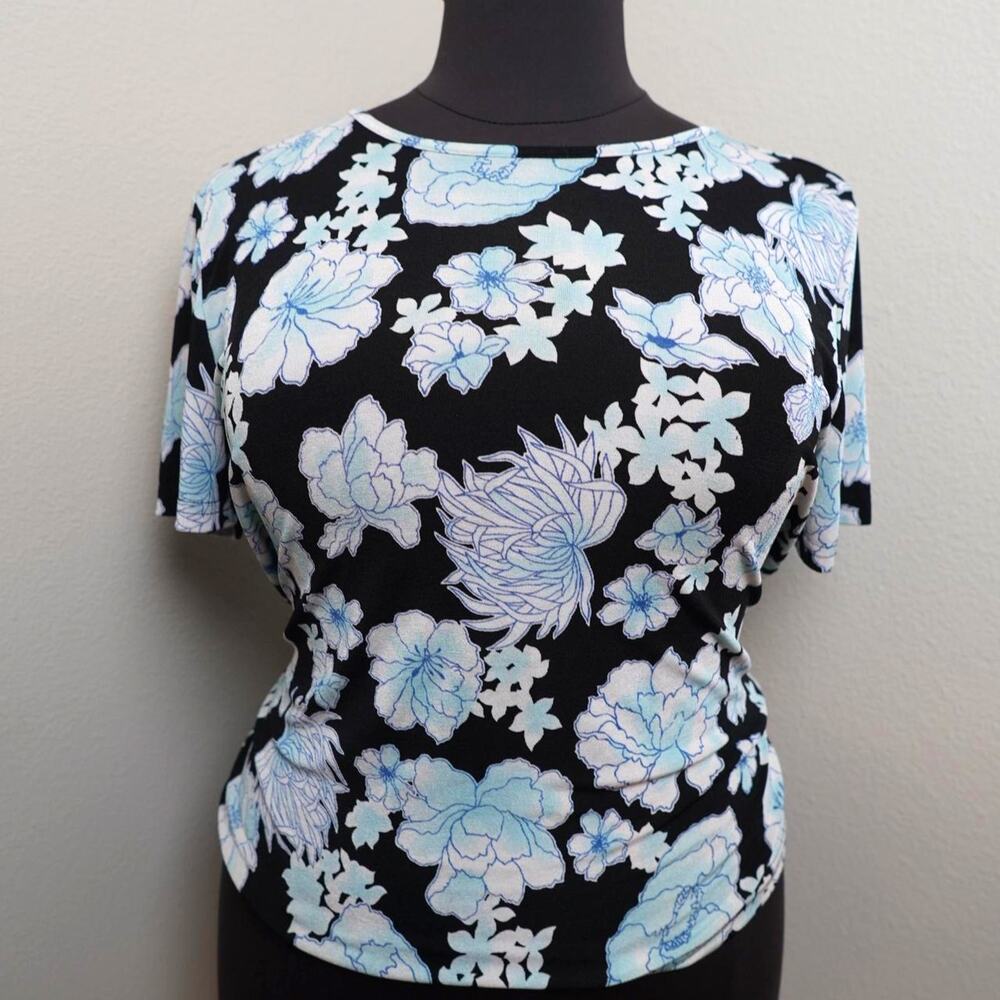 Jaclyn Smith Semi Sheer Floral Top Black Blue XL Y2K 90s